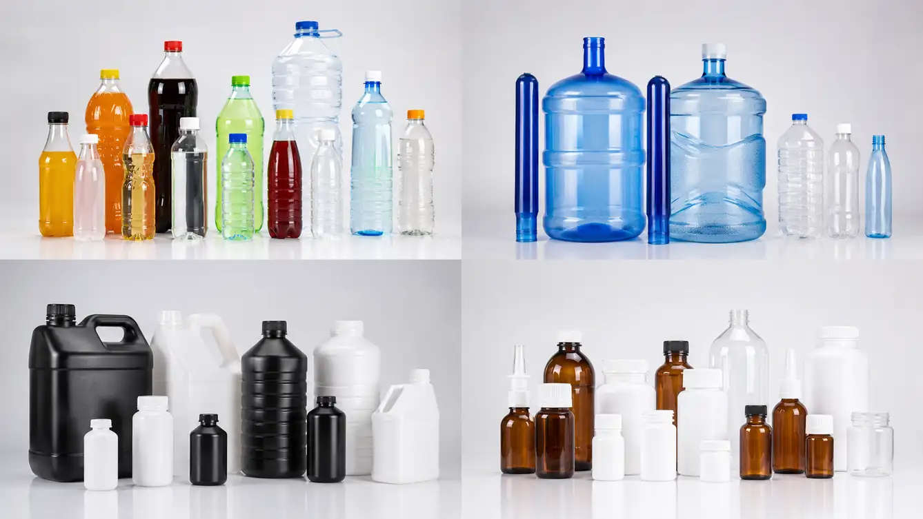 Gamma di bottiglie in PET per acqua, bevande e prodotti chimici fitosanitari, realizzate con macchine per stampaggio a soffiaggio Ever-Power.